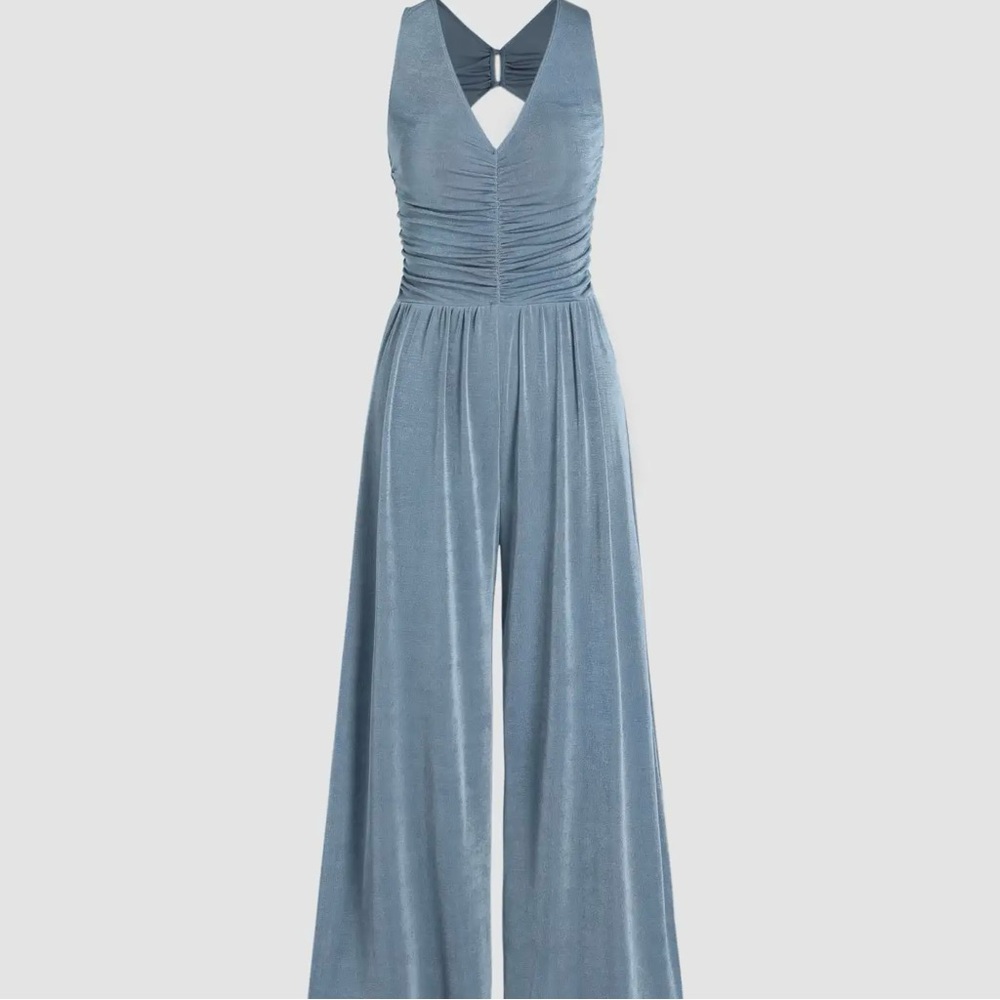 NWT Cider Ruched Keyhole Back Shimmery Wide Leg Formal Jumpsuit Women’s Large